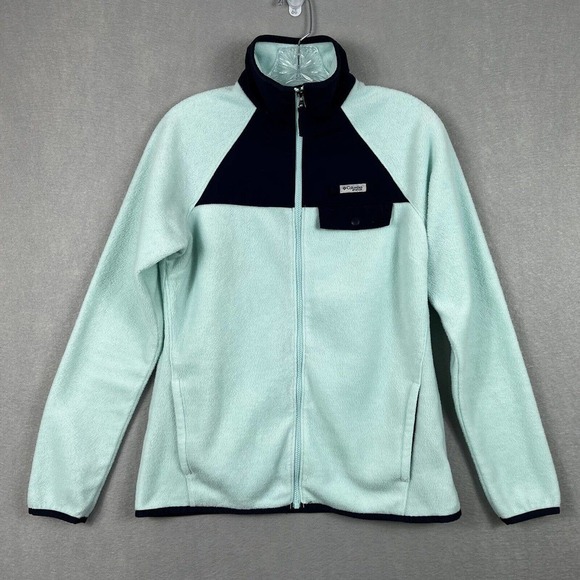 Columbia Full Zip Fleece Jacket Small PFG Green Blue Colorblock W Pockets cozy - Picture 1 of 13